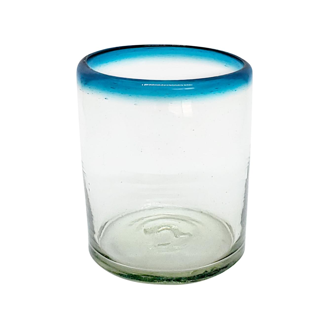 VIDRIO SOPLADO al Mayoreo / vasos chicos con borde azul aqua, 10 oz, Vidrio Reciclado, Libre de Plomo y Toxinas / stos vasos chicos son un gran complemento para su juego de jarra y vasos grandes.